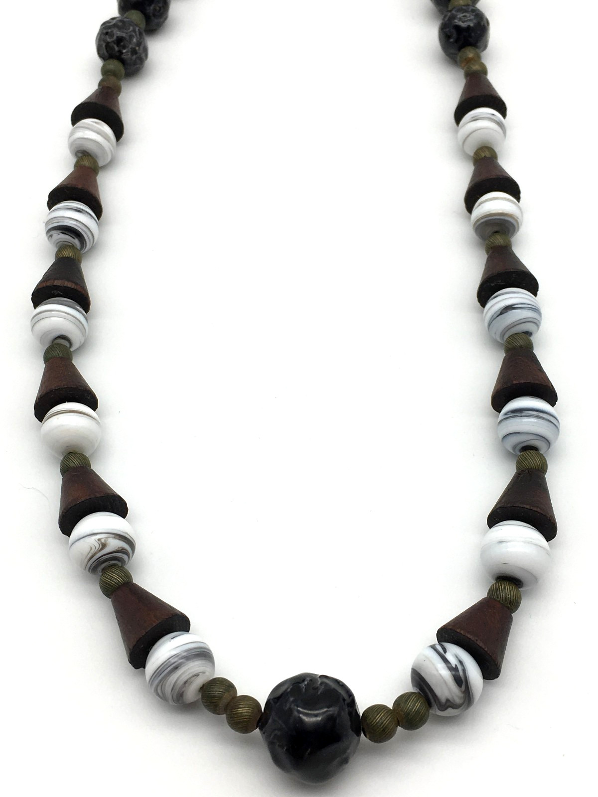 Miriam Haskell Signed Black Ceramic Cone Wood White Art Glass Beads 24″ Necklace
