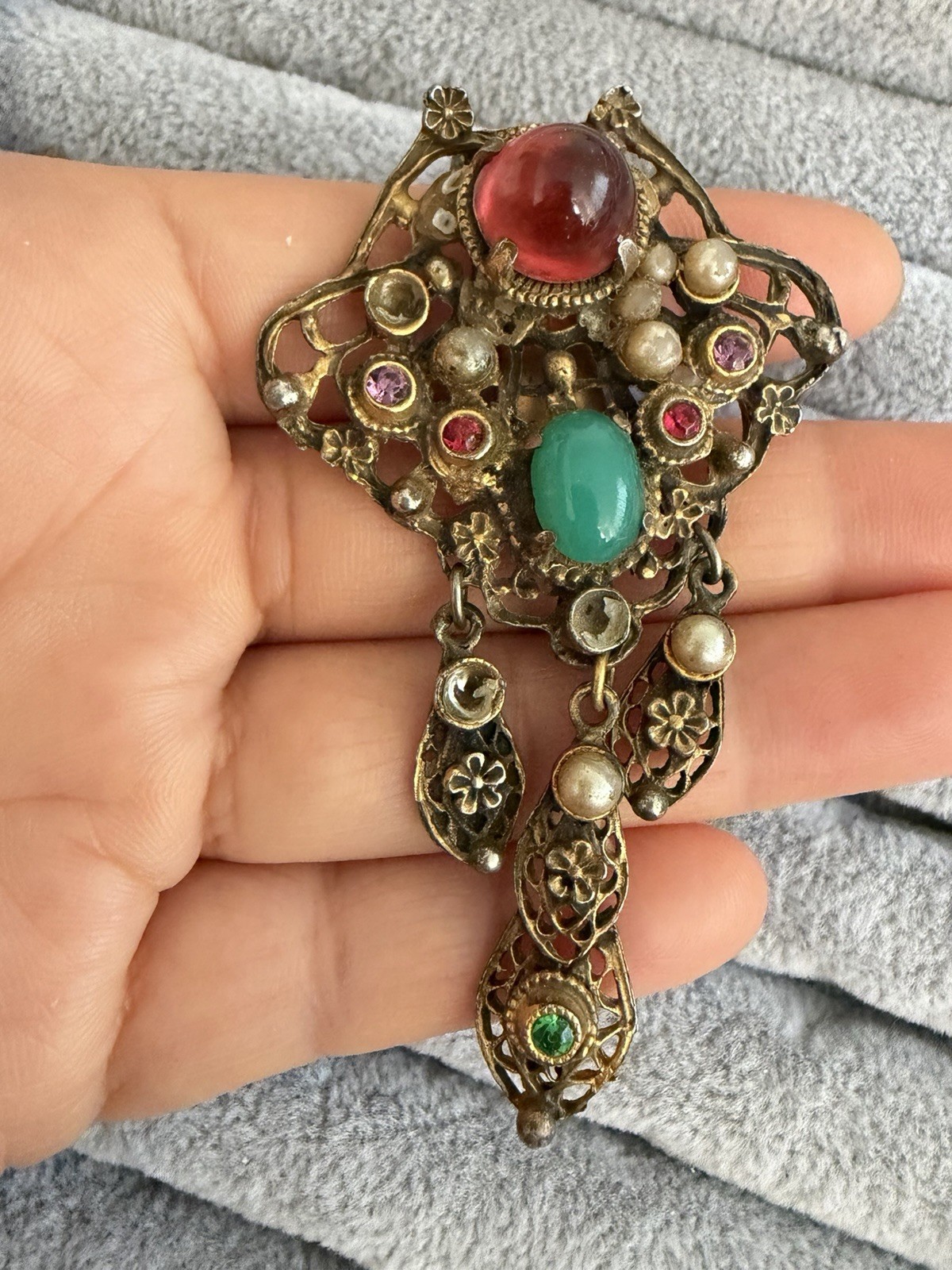 Vintage Filigree Dangle Clip Brooch Faux Pearls Cabochons Rhinestones AS IS