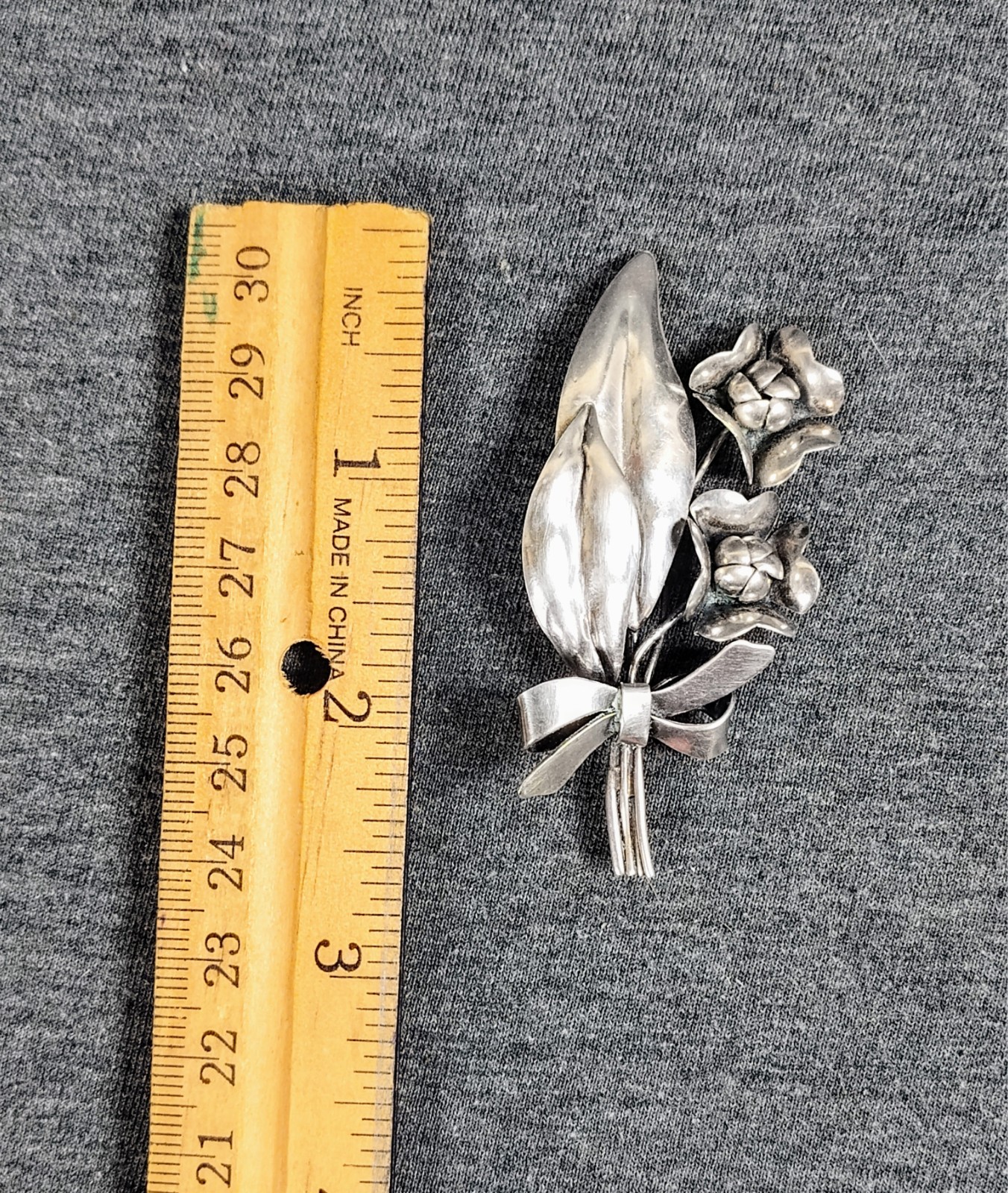 Vintage Mid Century Sterling Silver Handmade Floral Bow Bouquet Brooch Pin
