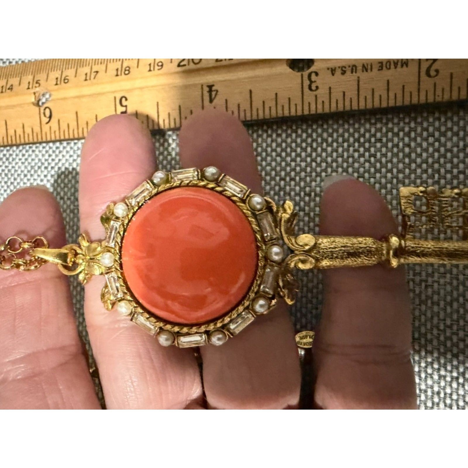 Kenneth Jay Lane Signed Key Necklace with Orange Cabason, Rhinestones and Pearls