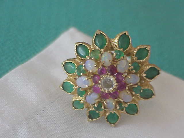 VINTAGE EUROPEAN DIAMOND-EMERALD-RUBY & OPAL STARBRUST RING SZ 5 1/2 RARE FIND