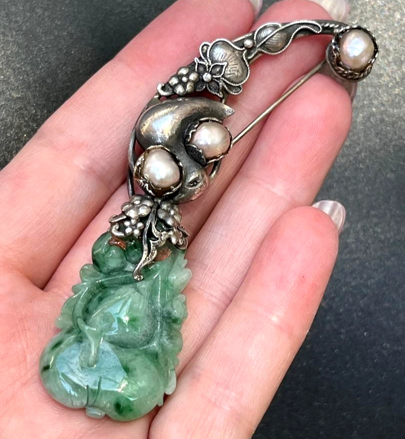 Estate Vtg Chinese Export Carved Green Jadeite Jade 925 Sterling Silver Brooch