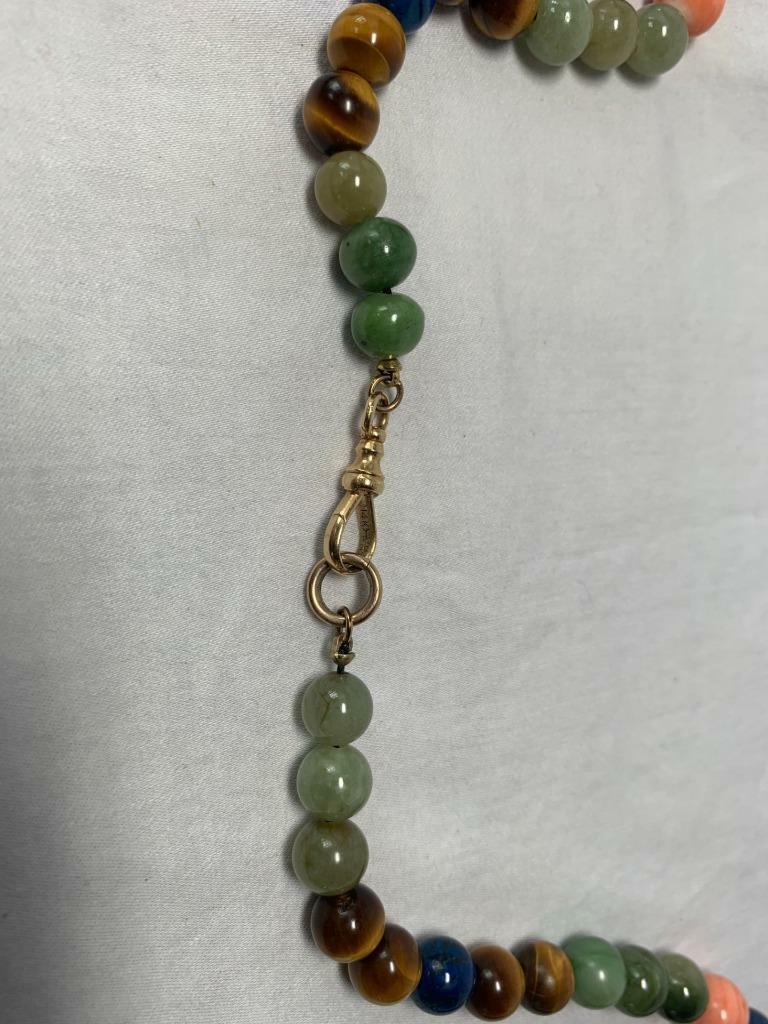 Jade Carnelian Lapis Malachite Tiger’s Eye 14 Karat Gold Necklace Dog Clip Clasp