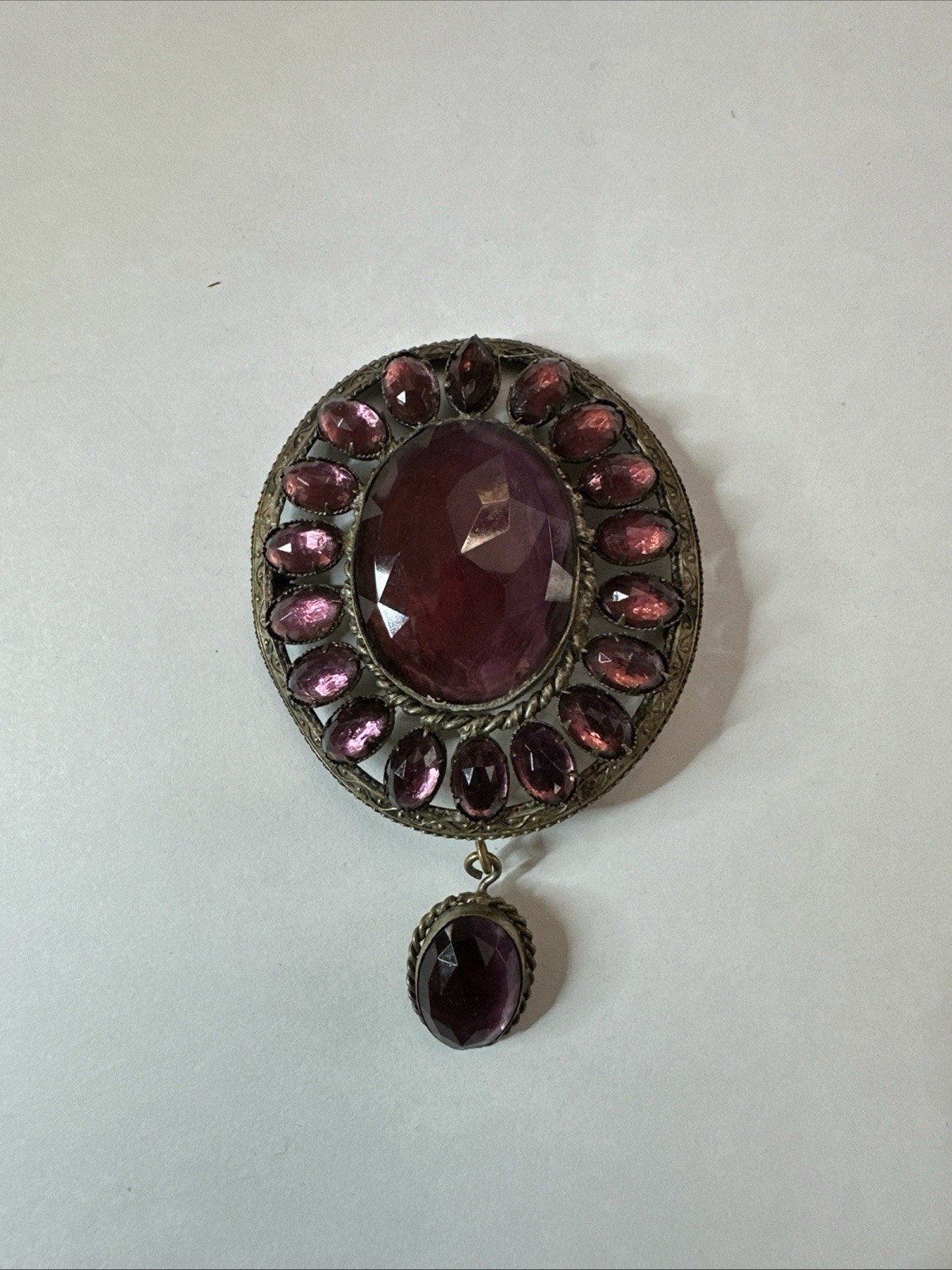 Antique Garnet Dangle Brooch – Purple Pink Cluster – Very Rare – Not Signed –