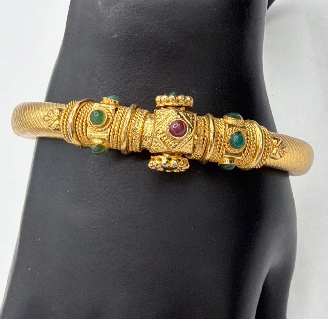 Vintage 18K Gold Plated Bracelet Ornate Green & Red Gemstone Design Elegant