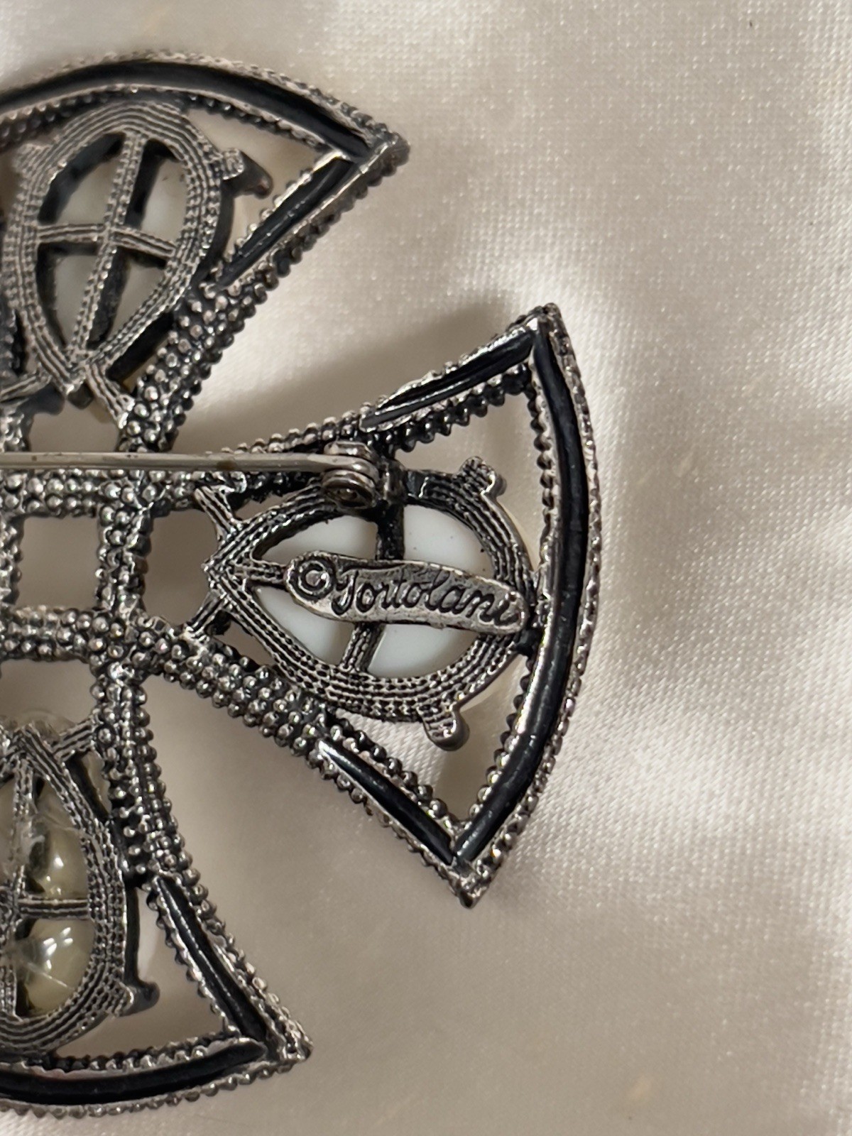 Vintage Tortolani Silver Tone Brooch – Cross Design with White Cabochons