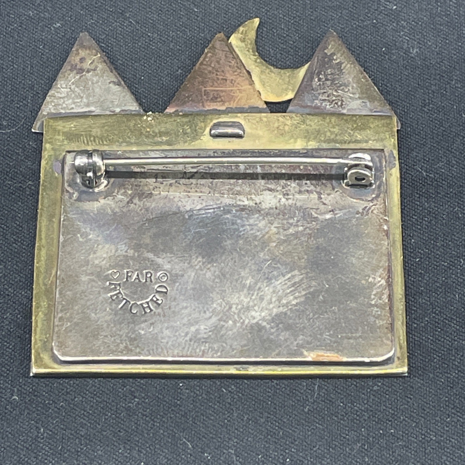 Vtg Far Fetched Brooch Mixed Metal House Shaped Pic Frame Wearable Art Whimsical