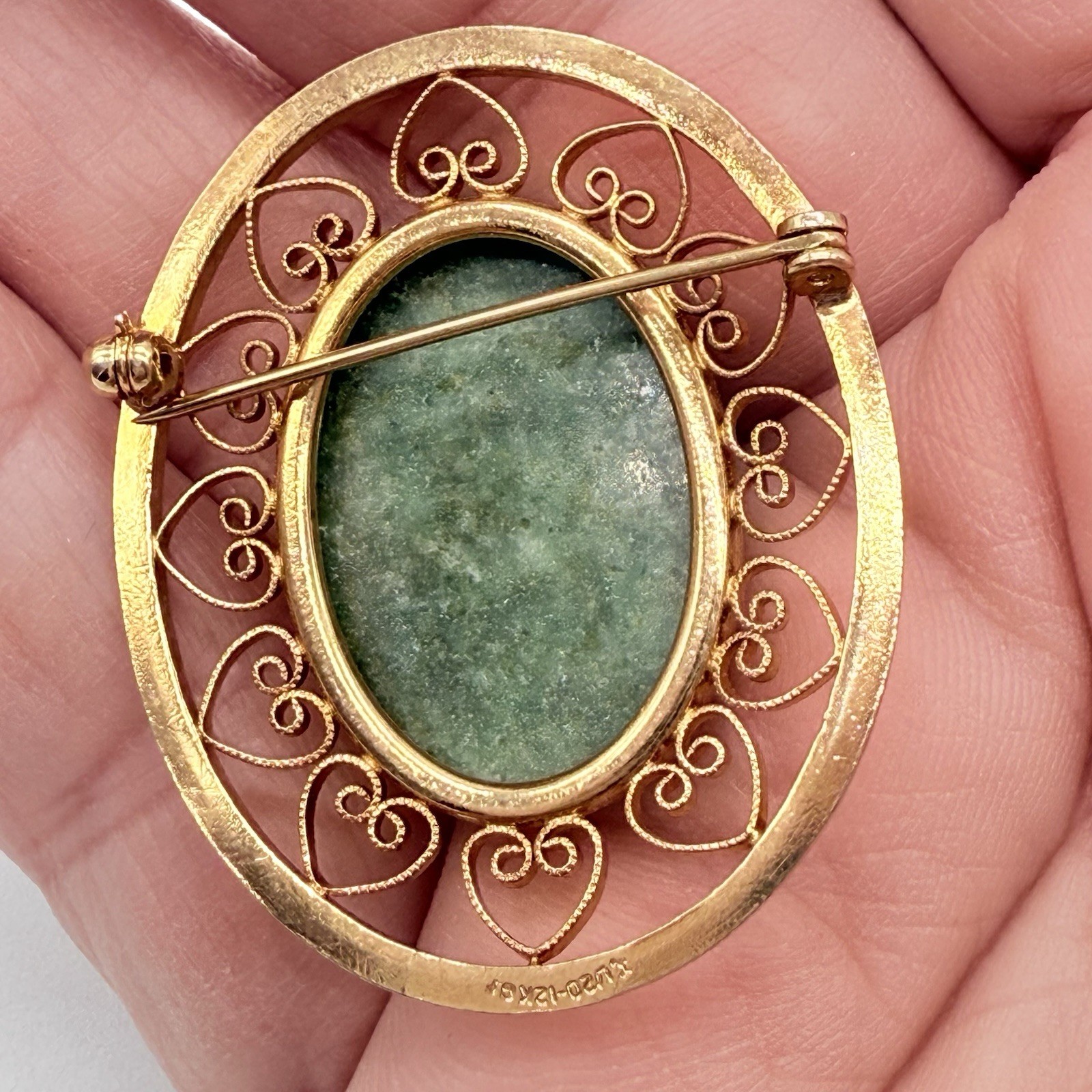 Vintage 1/20 12K GF Yellow Gold Filled Moss Agate Brooch 1 1/4” x 1 1/2”