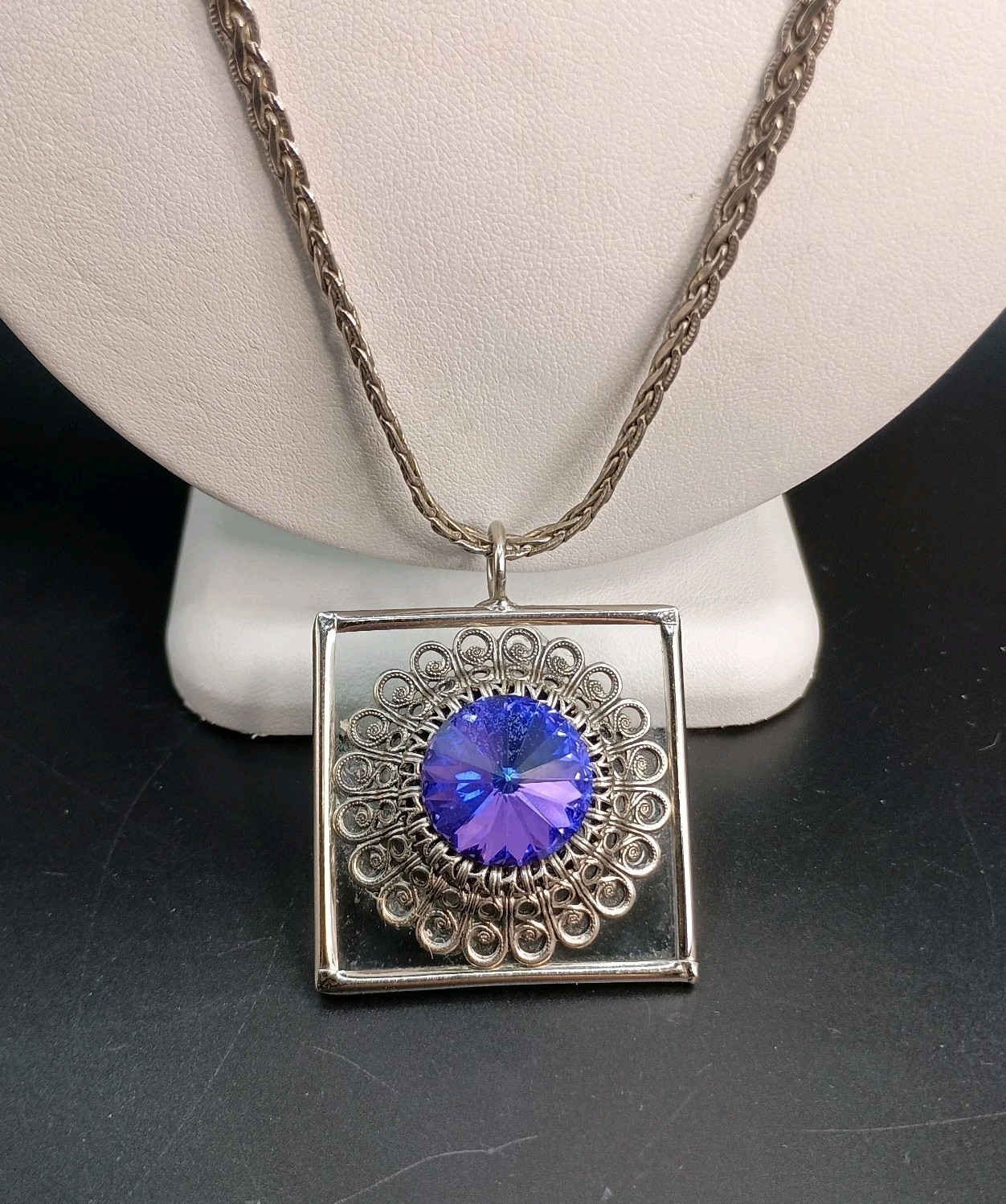 Vintage Blue Purple Rivoli Crystal Pendant Necklace Faceted Silver Tone Filigree