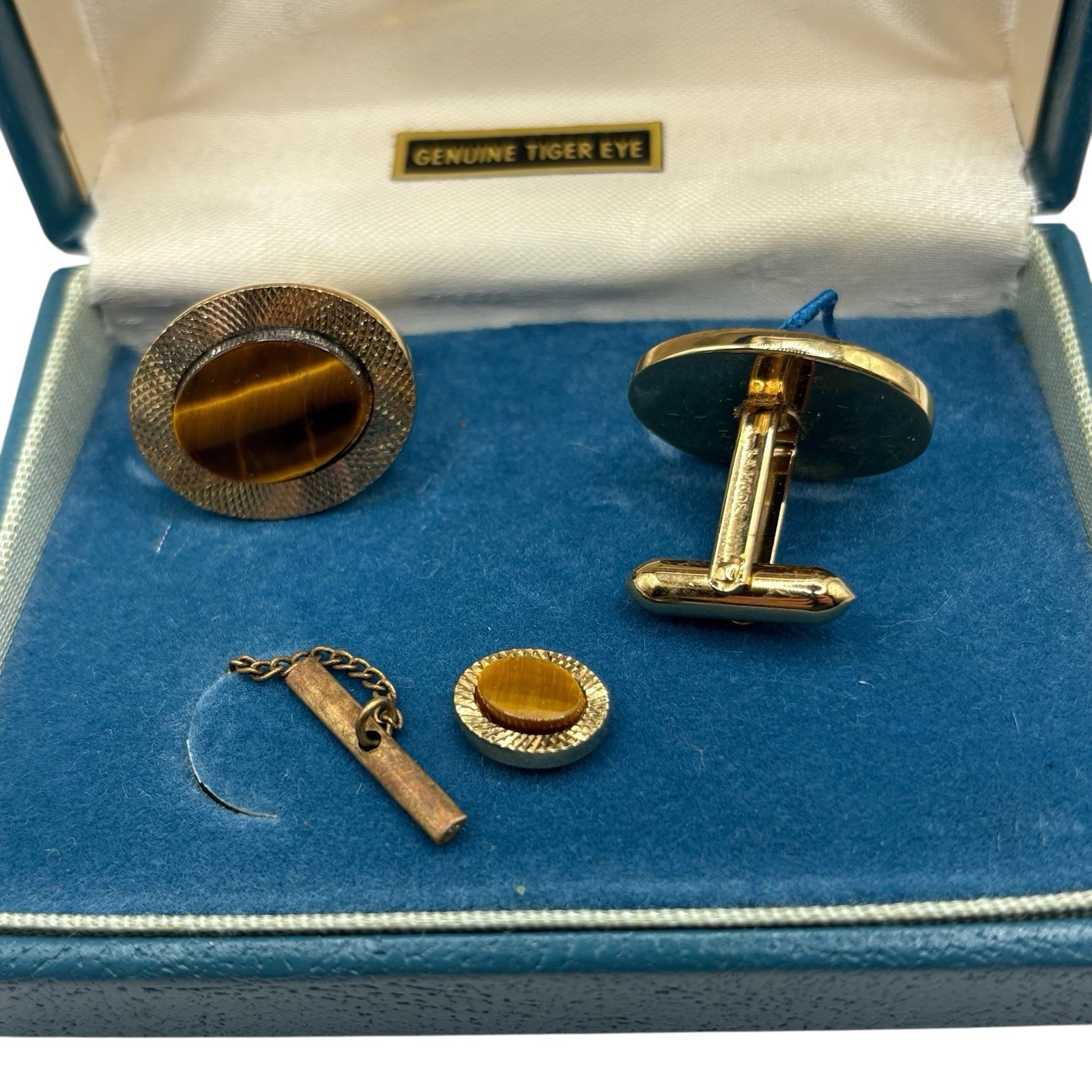 La Mode Genuine Tiger’s Eye Cuff Links & Tie Clip Set In Box Gold Tone Vintage