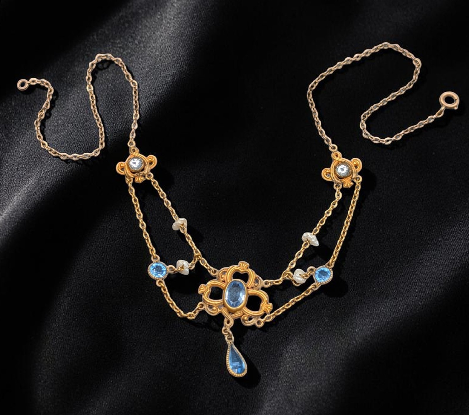AMAZING Art Nouveau Era Festoon Blue Glass Pearl Antique Vintage Necklace 16″