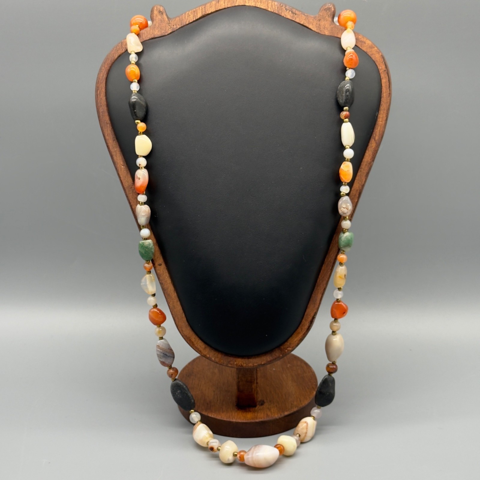 Vintage Beggars Bead Necklace Polished Stone Fall Colors Opera Length 32″
