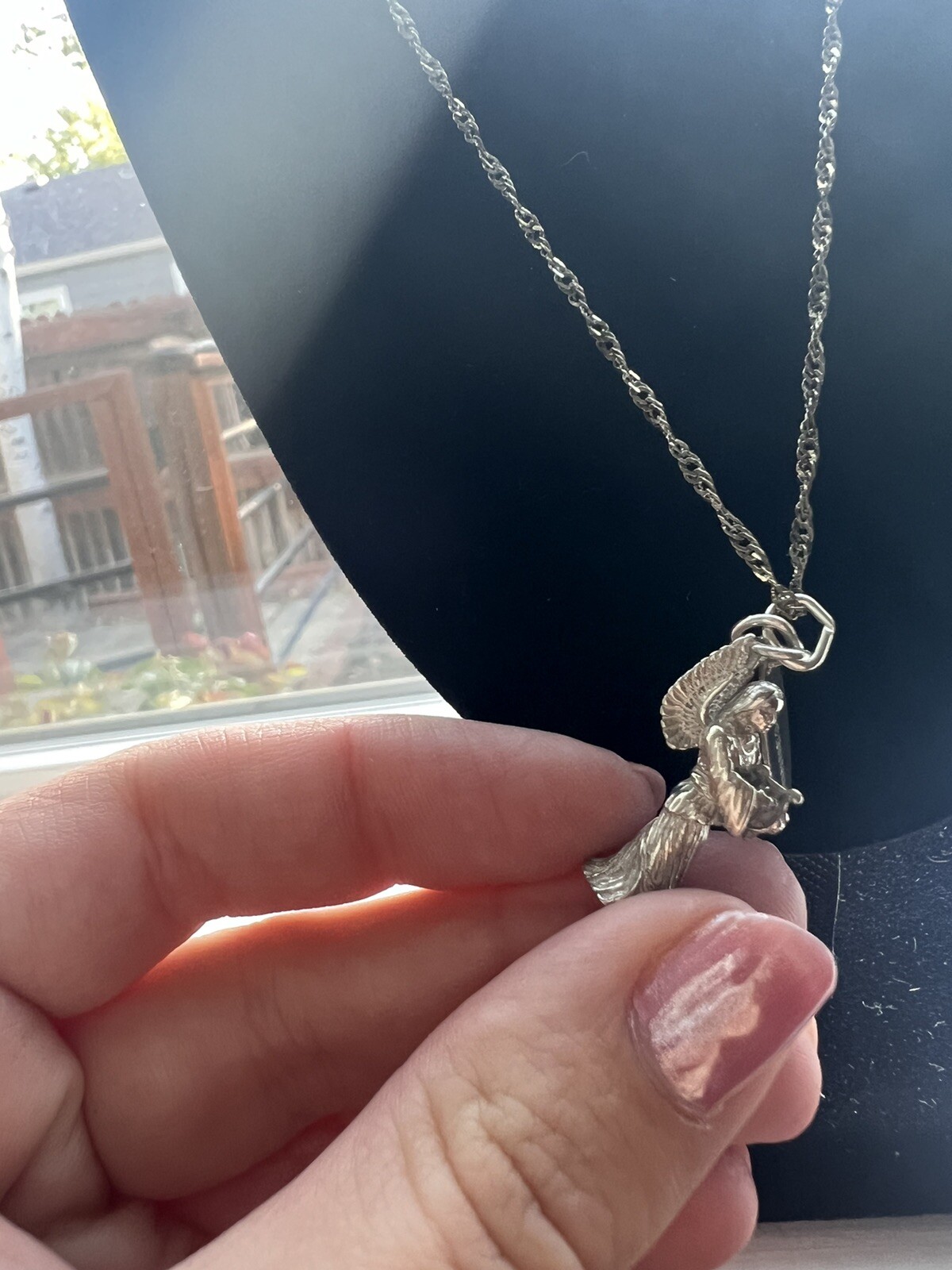 Vintage Sterling Angel Pendant Necklace 16” Chain