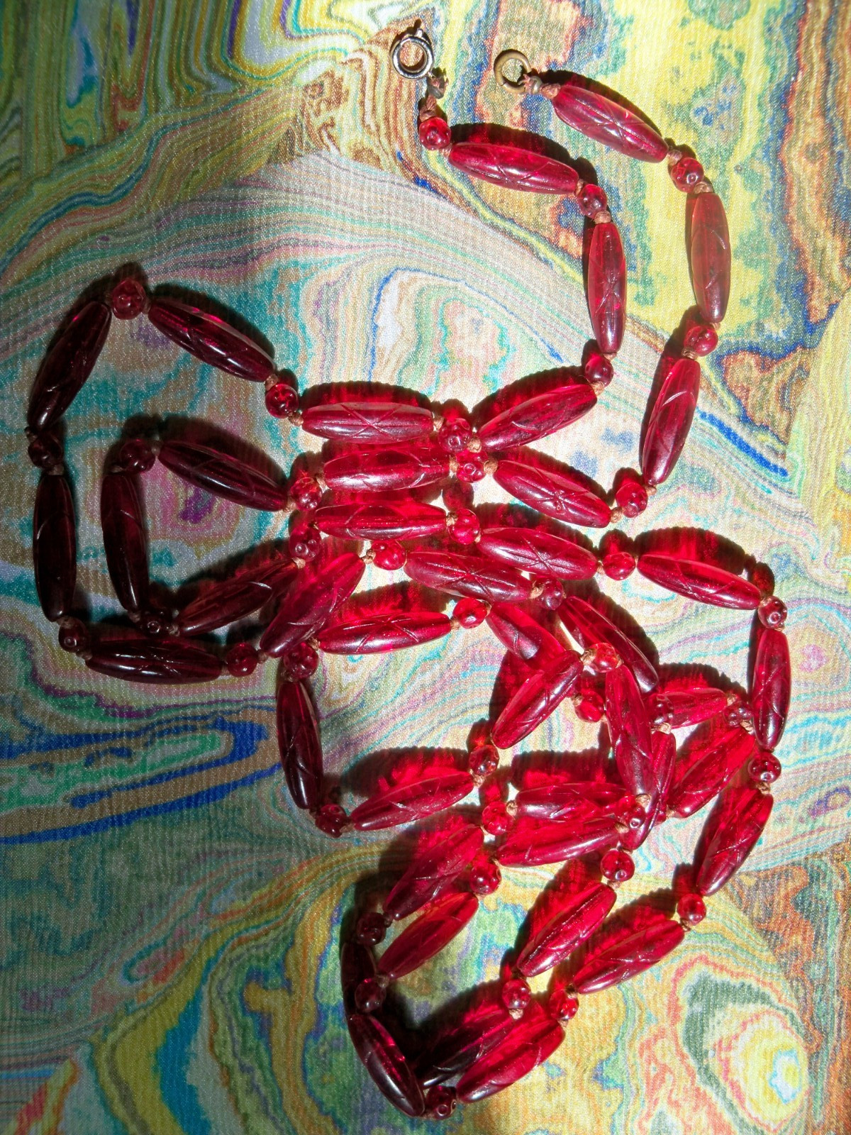 50″ NECKLACE ANTIQUE flapper ART DECO CZECH cranberry ruby red GLASS BEAD