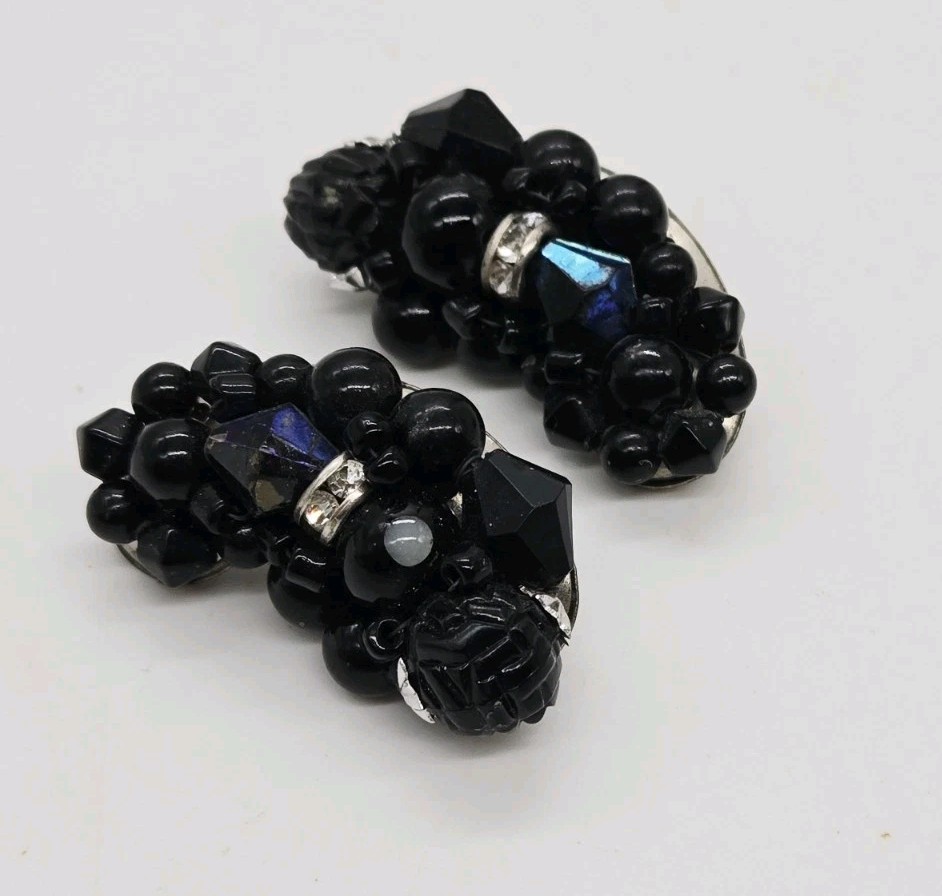 Art Deco Clip on Earrings Lot Set of 2 Black with White Crystal Silver Tone Vtg