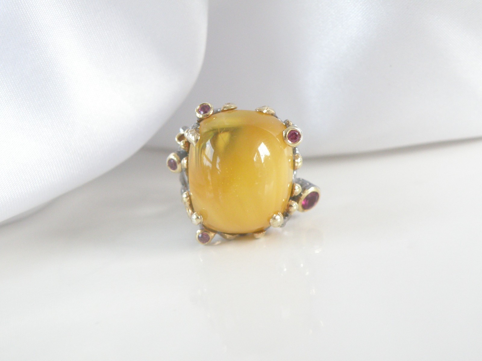 Brutalist Sterling Silver 925 Huge Butterscotch Amber Modern Statement Ring 7.5