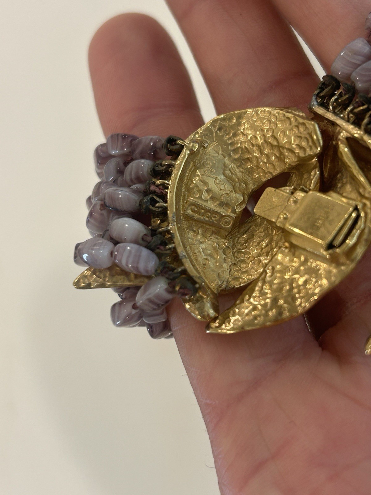 Vintage Ciner Torsade Necklace Amethyst Purple Glass Bead Sculptural Gold Clasp