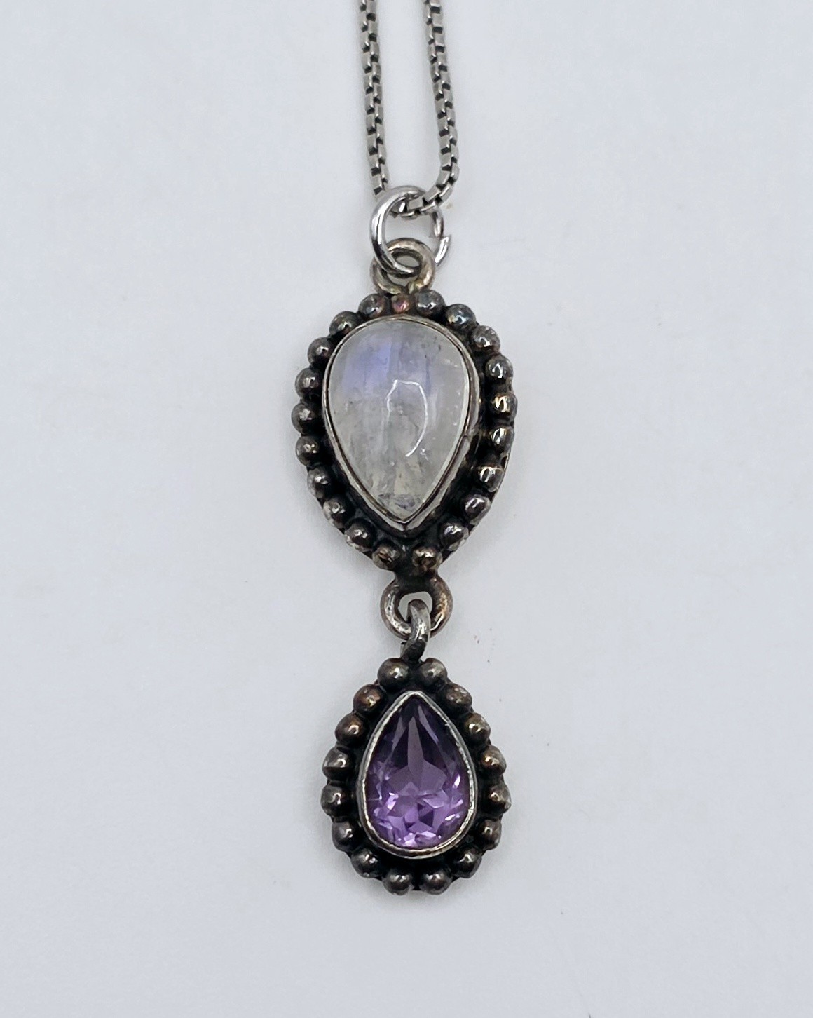 Vintage 925 Sterling Silver Moonstone Amethyst Teardrop Pendant Necklace 18″