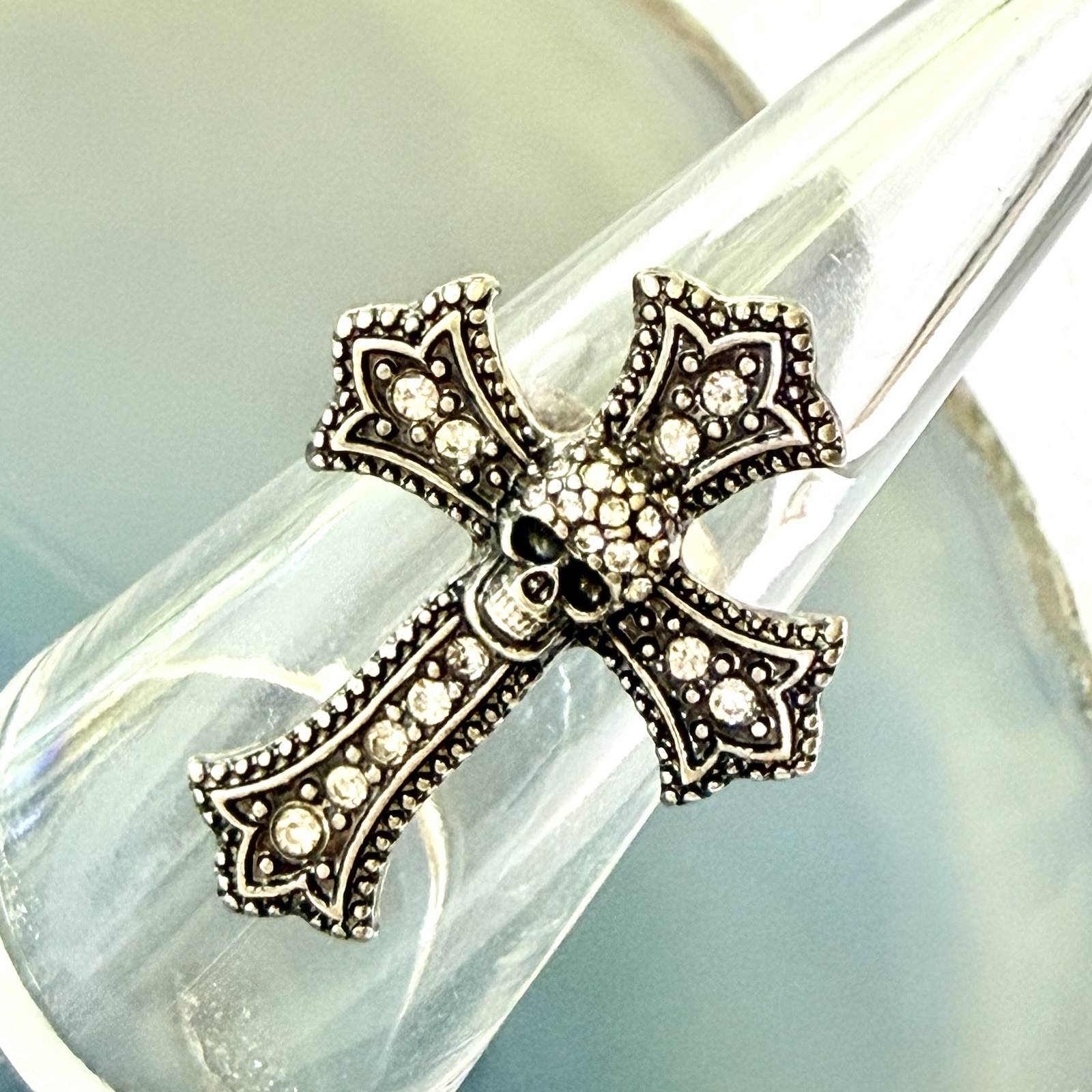 Vtg Silvertone Cross Ring Skull RS Gothic Steam Punk Size 7 Rare Statement B