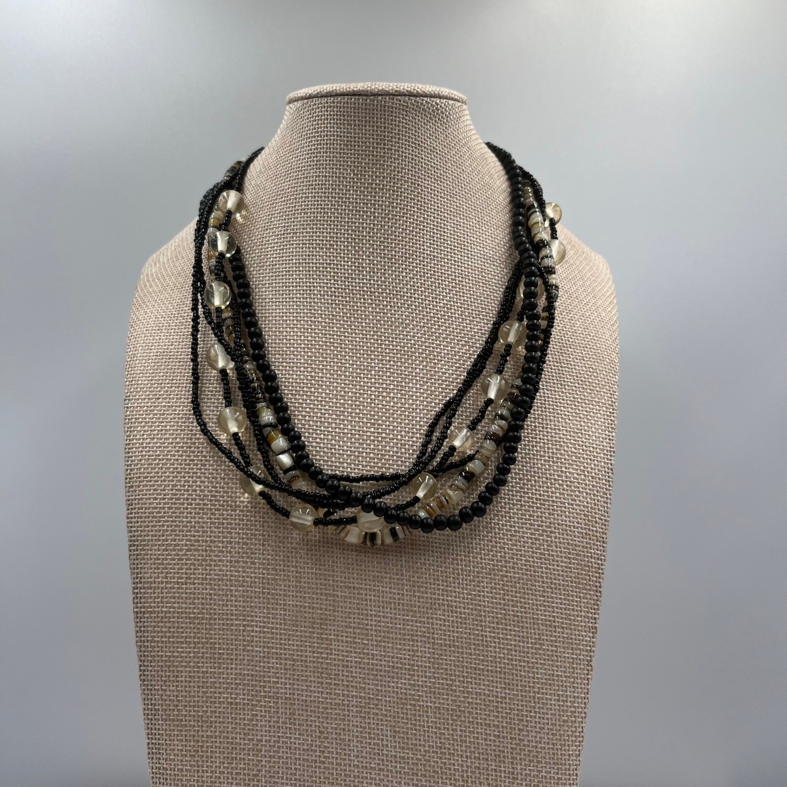 VTG Multi Strand Black Beaded Necklace Layered Shell Glass Mixed Media Statement