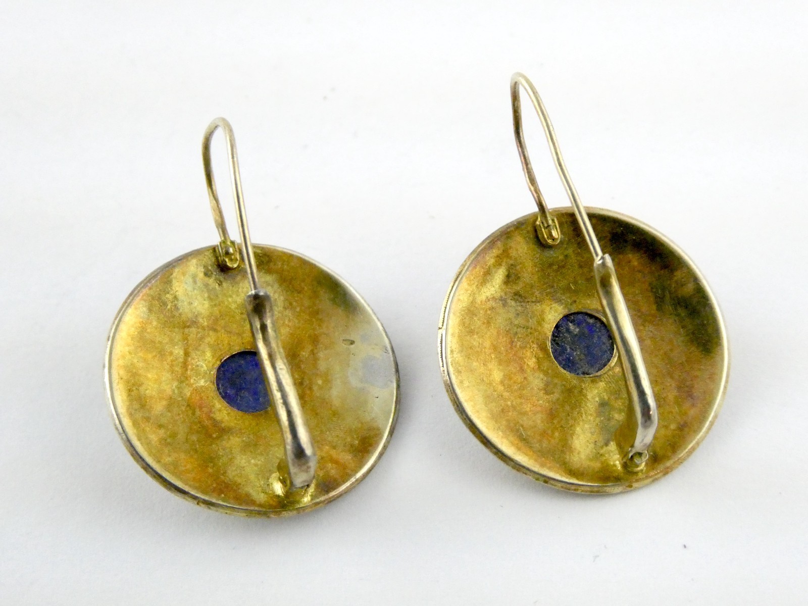 Vintage Gilt Sterling Silver Scroll Motif Lapis Lazuli Hook Earrings 7.3g 1.25In