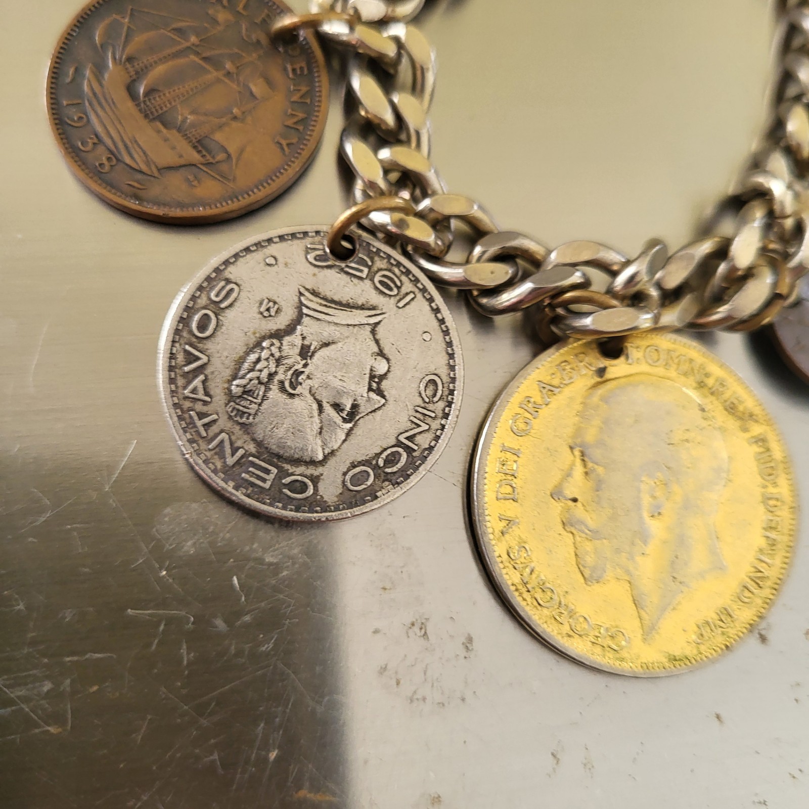 VTG 8 Foreign Coins Tokens of the World Charm Bracelet Silver Tone 1930s-1950s