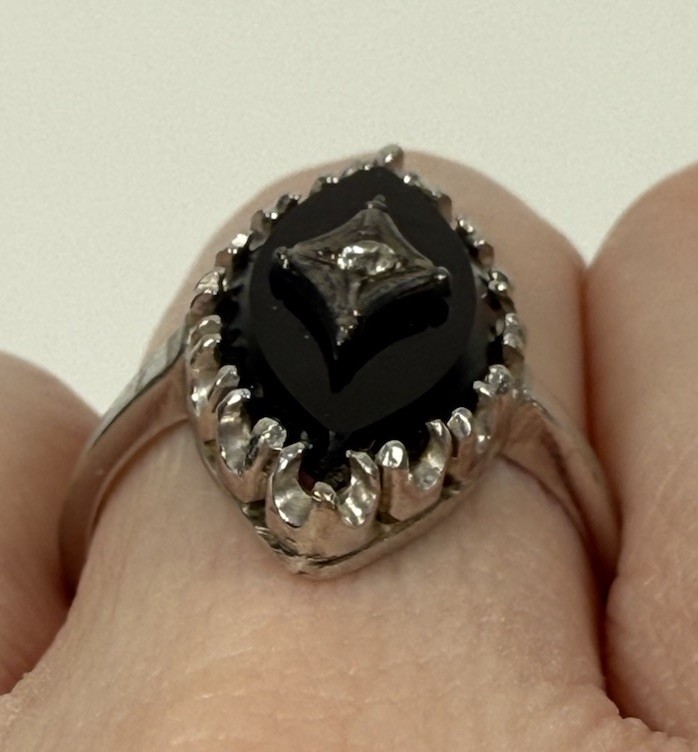 Vintage Art Deco 14k White Gold Marquise Black Onyx Diamond Ring Size 7