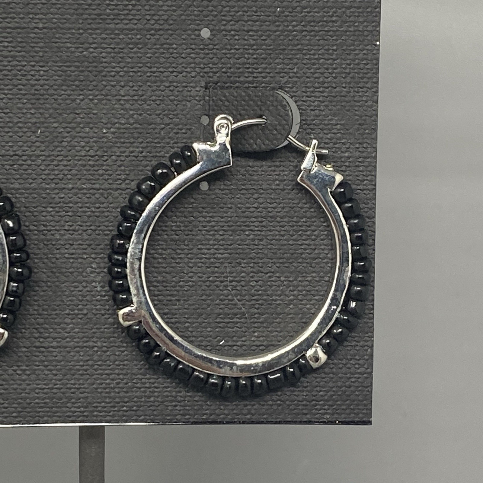 Cookie Lee Hoop Earrings Silver Tone Black Beads Dangle Drop Pierced NOS 1.5″