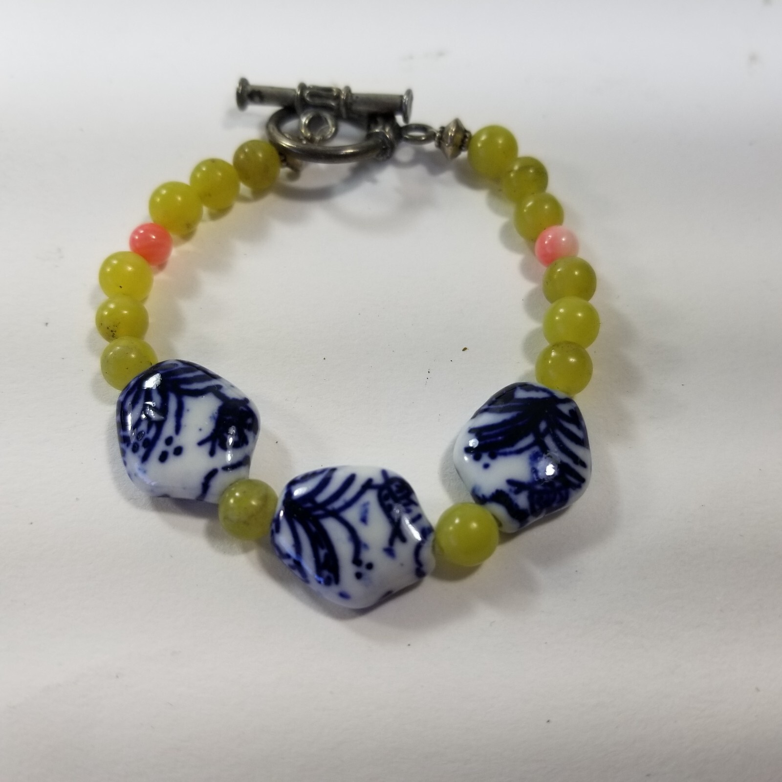 Bracelet Blue White Porcelain with Lemonade Yellow Glass Beads Toggle Closure