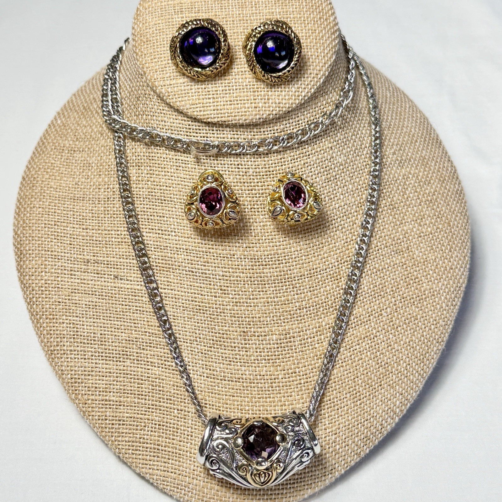 Purple Gold Tone Silver Tone Metal Necklace Chain Earrings Set Y2K Renaissance