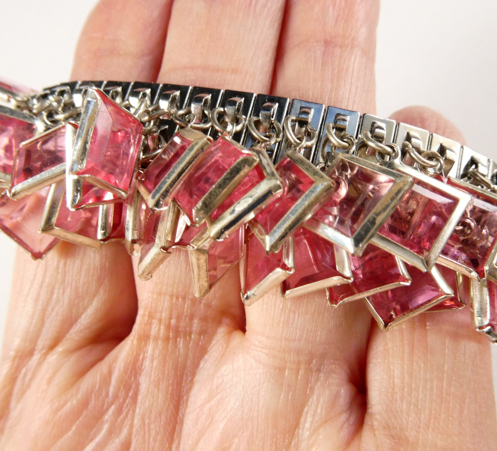 Vintage PINK Square Faux Crystals CHA-CHA Bracelet Silver Tone Expansion Stretch
