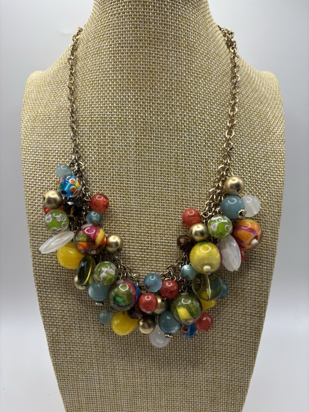 Vintage Chunky Multicolor Beaded Cluster Bib Statement Necklace Artsy Boho 19″