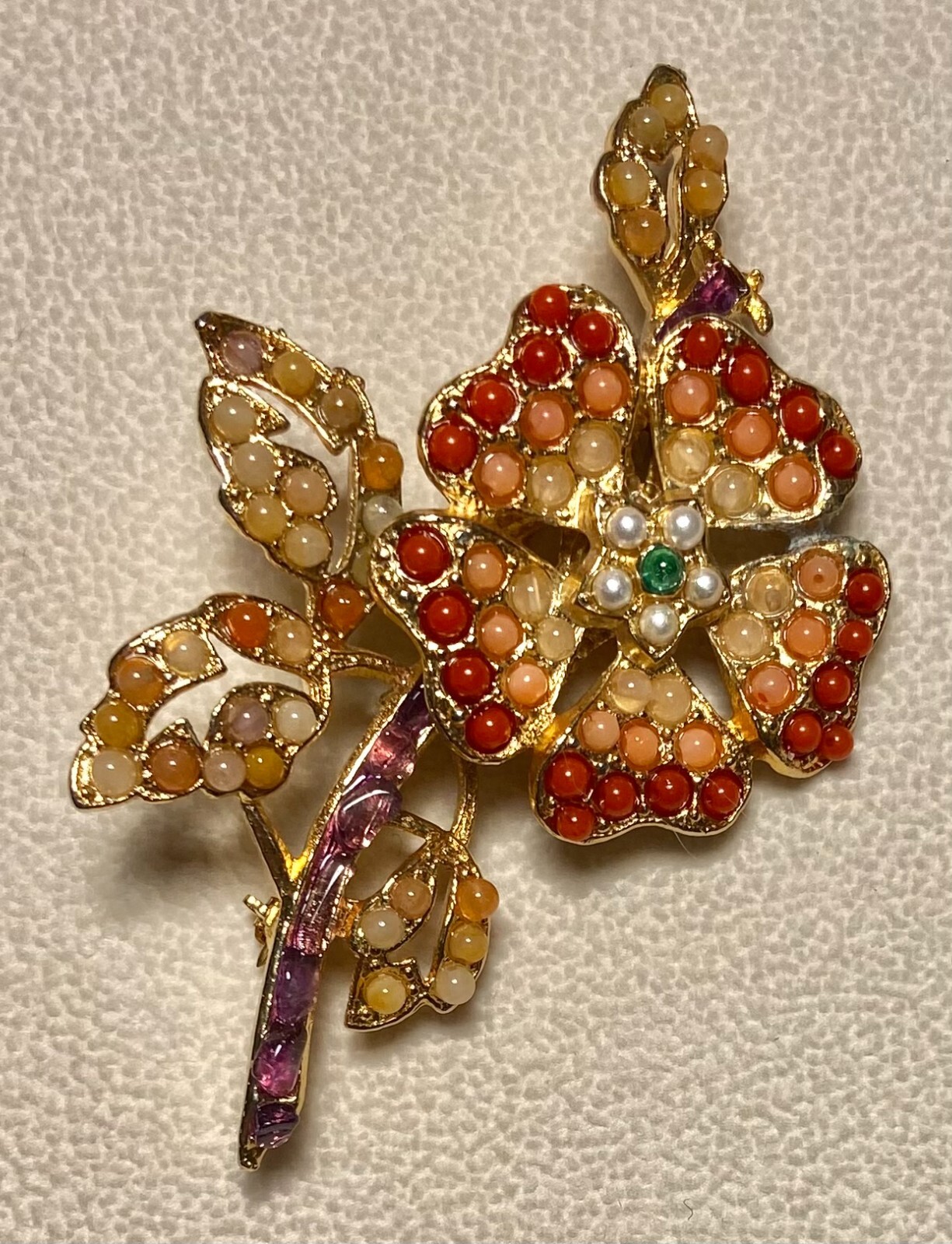 AUTHENTIC SWOBODA FLOWER BROOCH ~ ROSE QUARTZ, CORAL, PEARL ~ STUNNING!