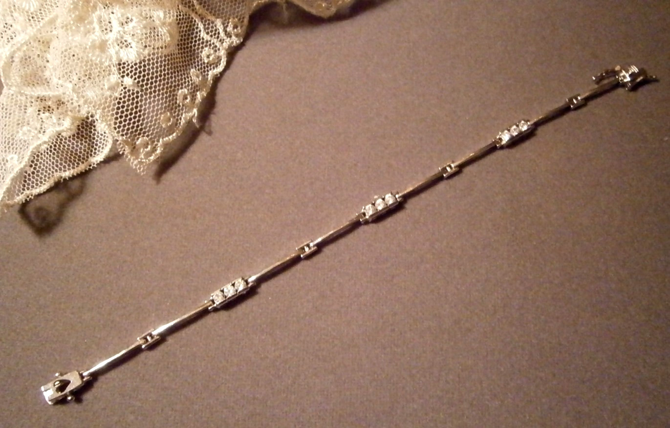 Vintage 925 Sterling Bar Link Crystal Stations Dainty Minimalist Bracelet 7.5″
