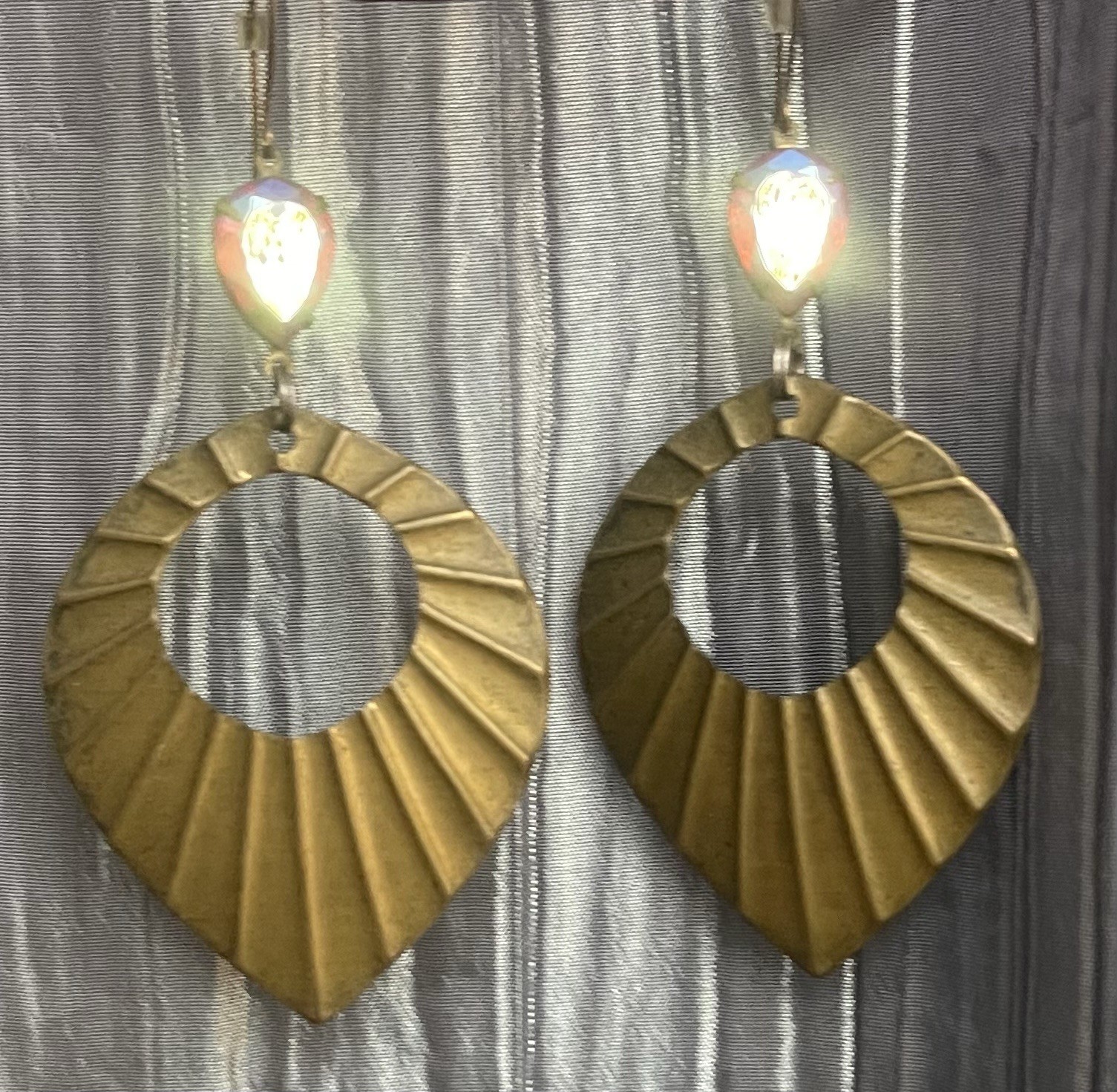 Brass Leaf Sun Shape Earrings Red Iridescent Glass Flare