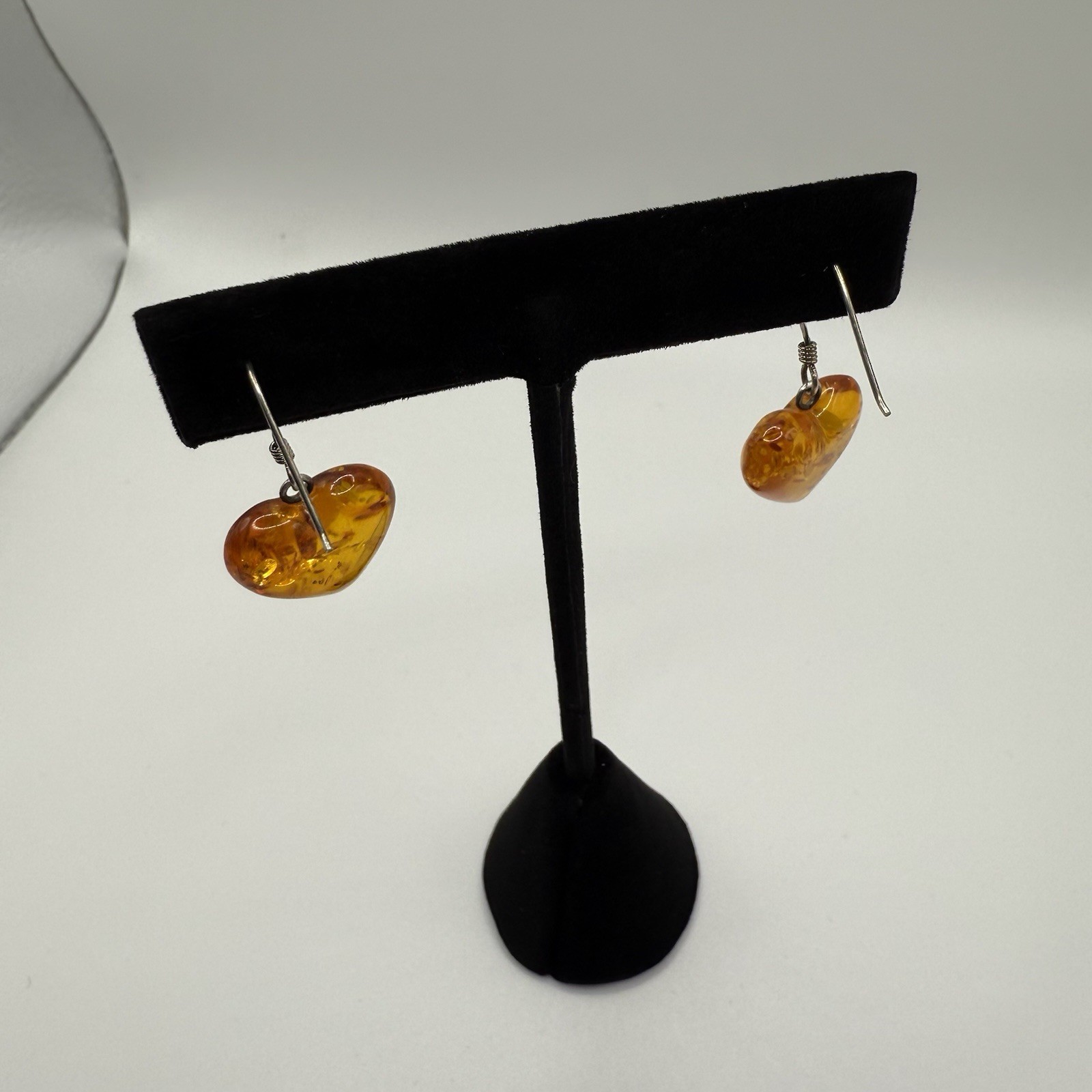 Vintage Faux Amber Resin Lucite Heart Drop Dangle Earrings 925 Sterling Silver