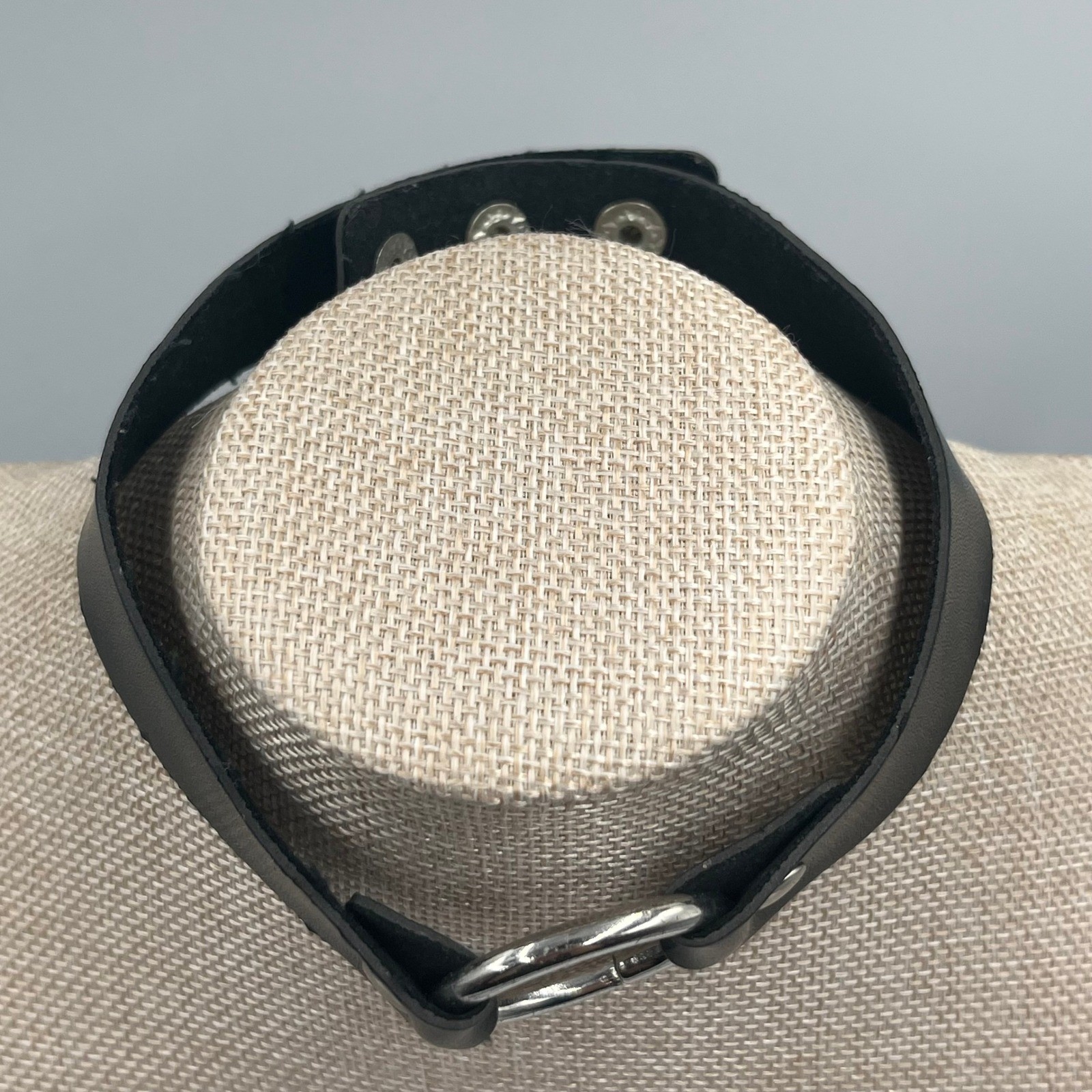 Vintage Black Leather O-Ring Choker Necklace Silver Tone Goth Punk Alt Statement