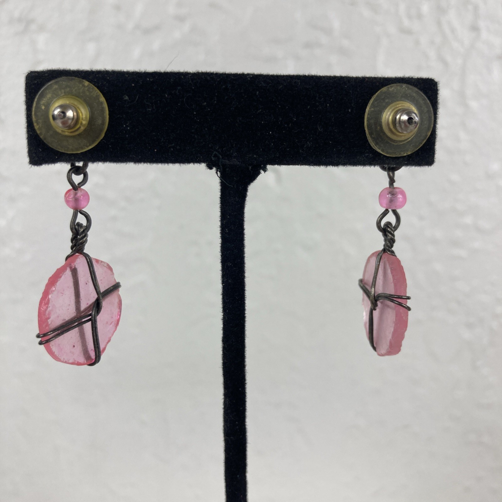 Vintage Wire-Wrapped Transparent Pink Glass Earrings Silvertone Dangle Drop Post