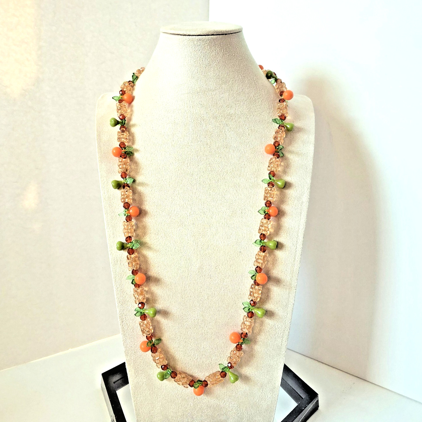 VTG FRUIT SALAD Lucite Glass Crystal Necklace Tutti-Frutti 32″ 1950s estate find