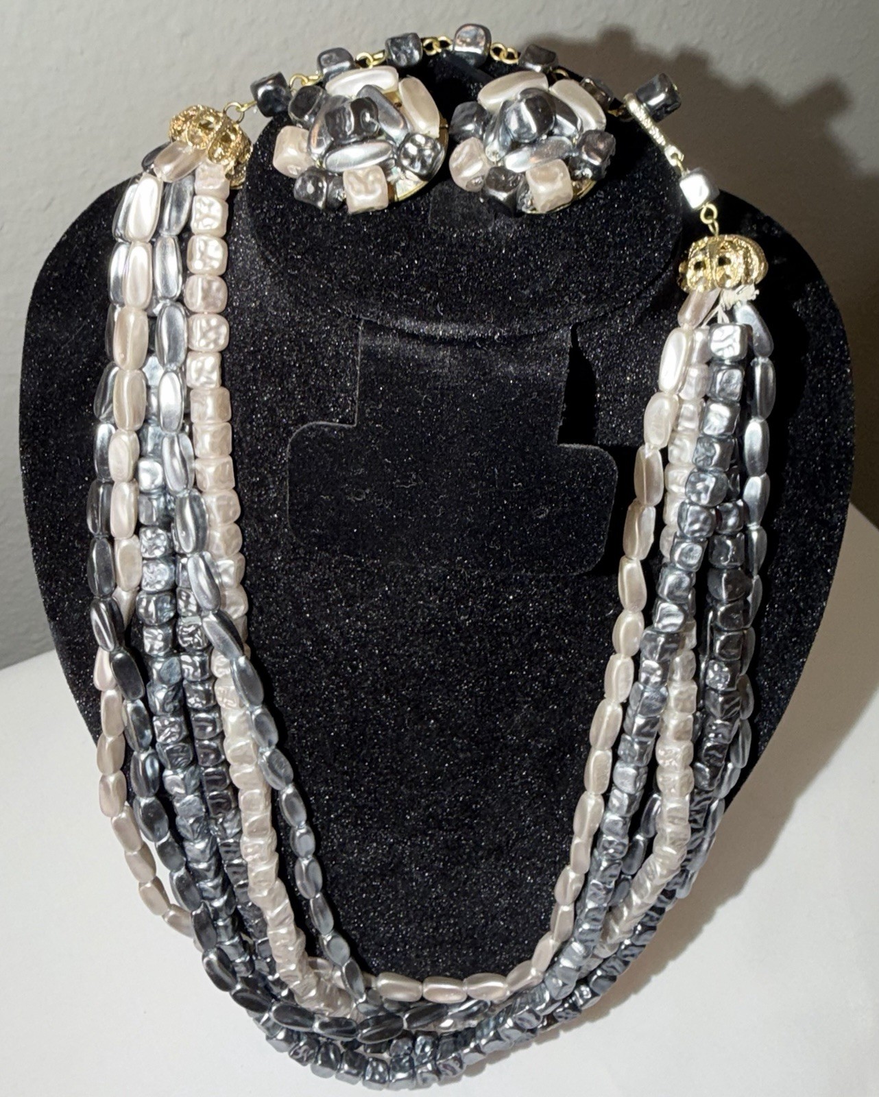 Vintage Hong Kong Marbled Gray Beads Different Shapes Multi Strand Necklace