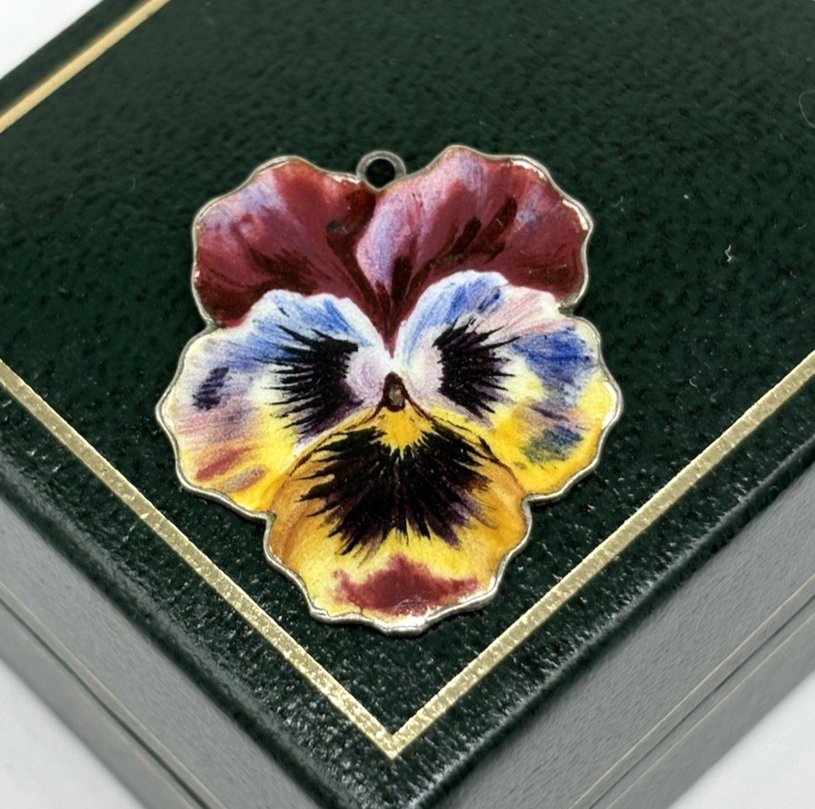 CN Marked 830 Silver Pansy Pendant Guilloche Enamel Flower Charm Antique