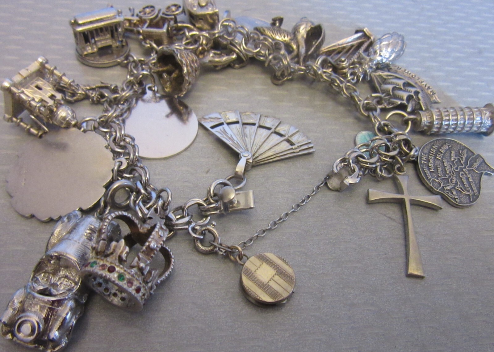 Vintage Sterling Silver Charm Bracelet Loaded 24P Buildings Travel 3D Full 92g