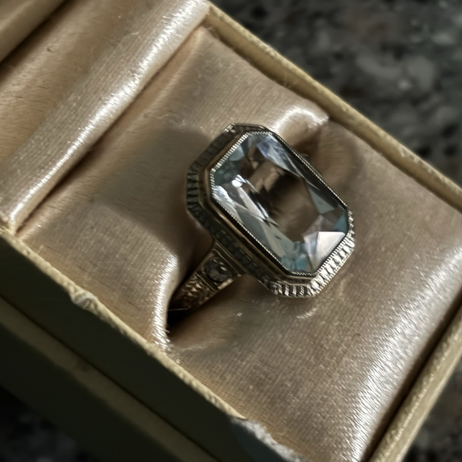 Vintage 14k White Gold Aquamarine Ring Art Deco Style Emerald Cut Estate