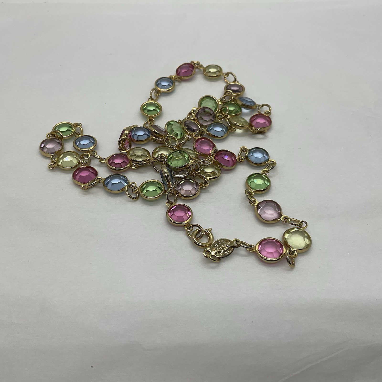 Austrian Crystal USA Tone Bezel Necklace, Multicolor Pastel Crystal 14 Inch