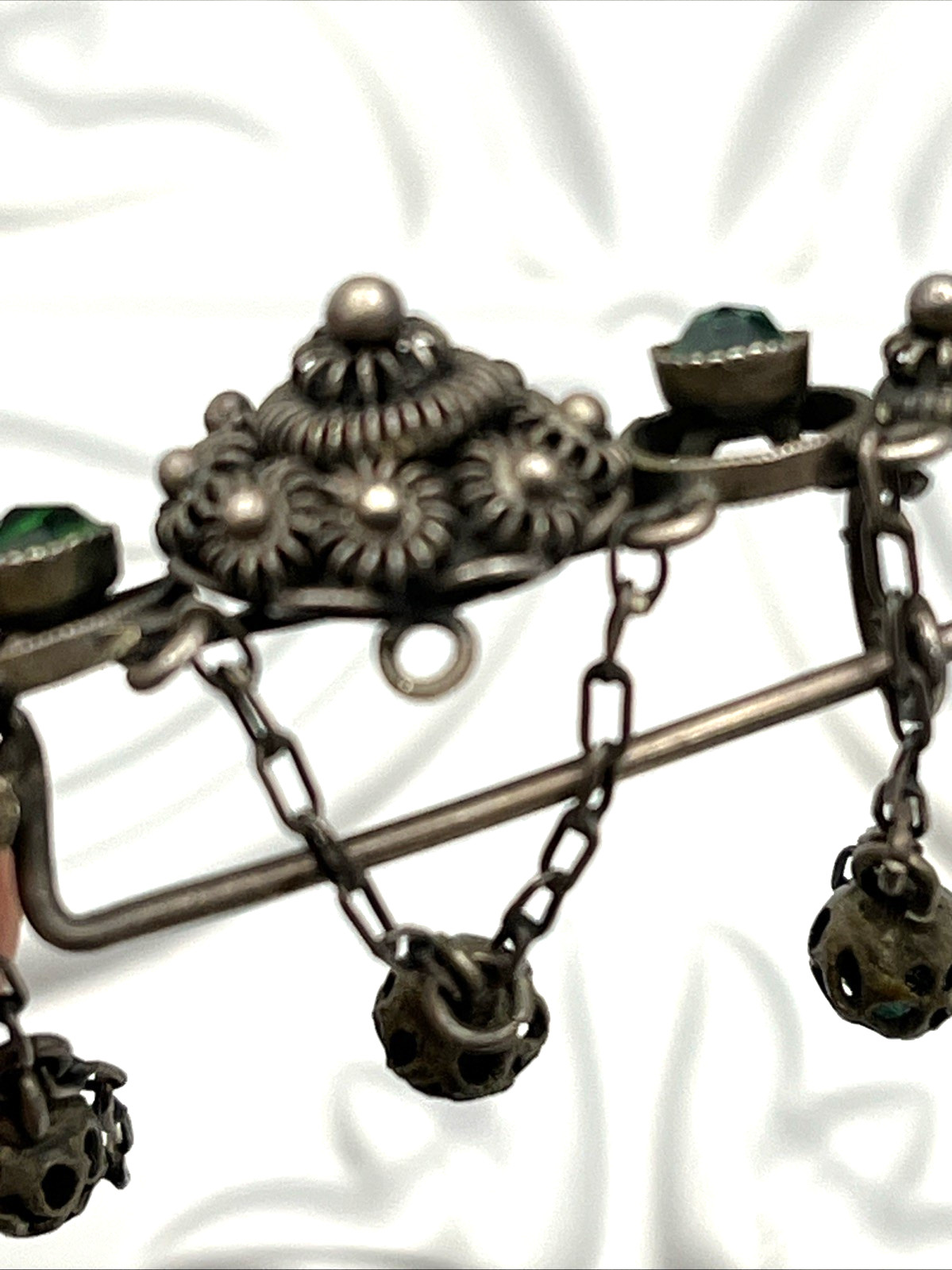 Antique 800 Silver Green Paste Cannetille Dangle Bar Pin 1.5″