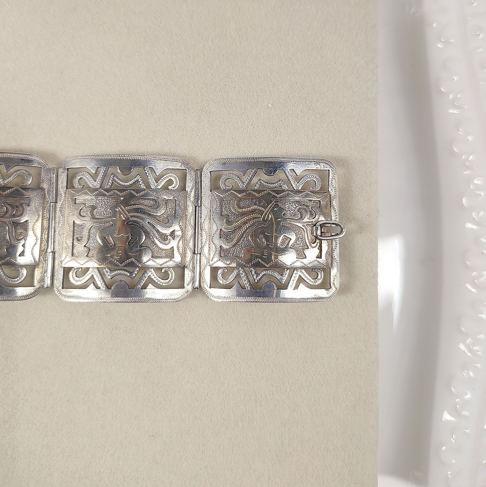 Vintage 60s Guatemala Bracelet 900 Silver Gold Wash Mayan Storyteller Signed 39g