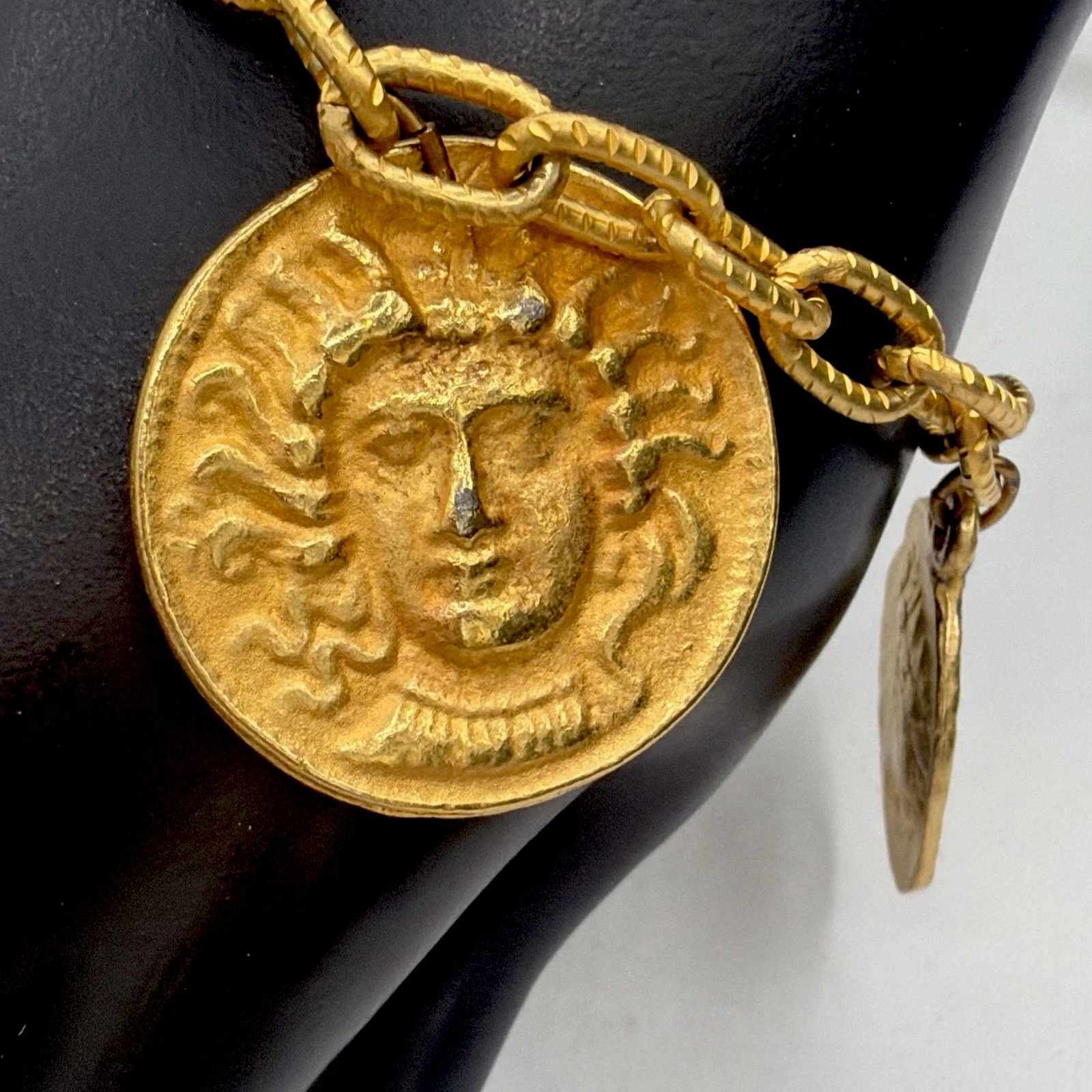 Vintage Gold Tone Coin Charm Bracelet • Ancient‑Style Medallions Textured Chain