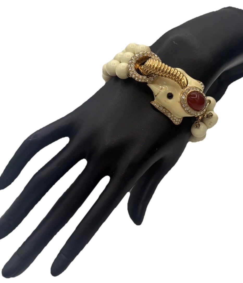 Vintage Ciner Elephant Bracelet Ivory Beads Red Cabochon Gold Tone Rhinestone