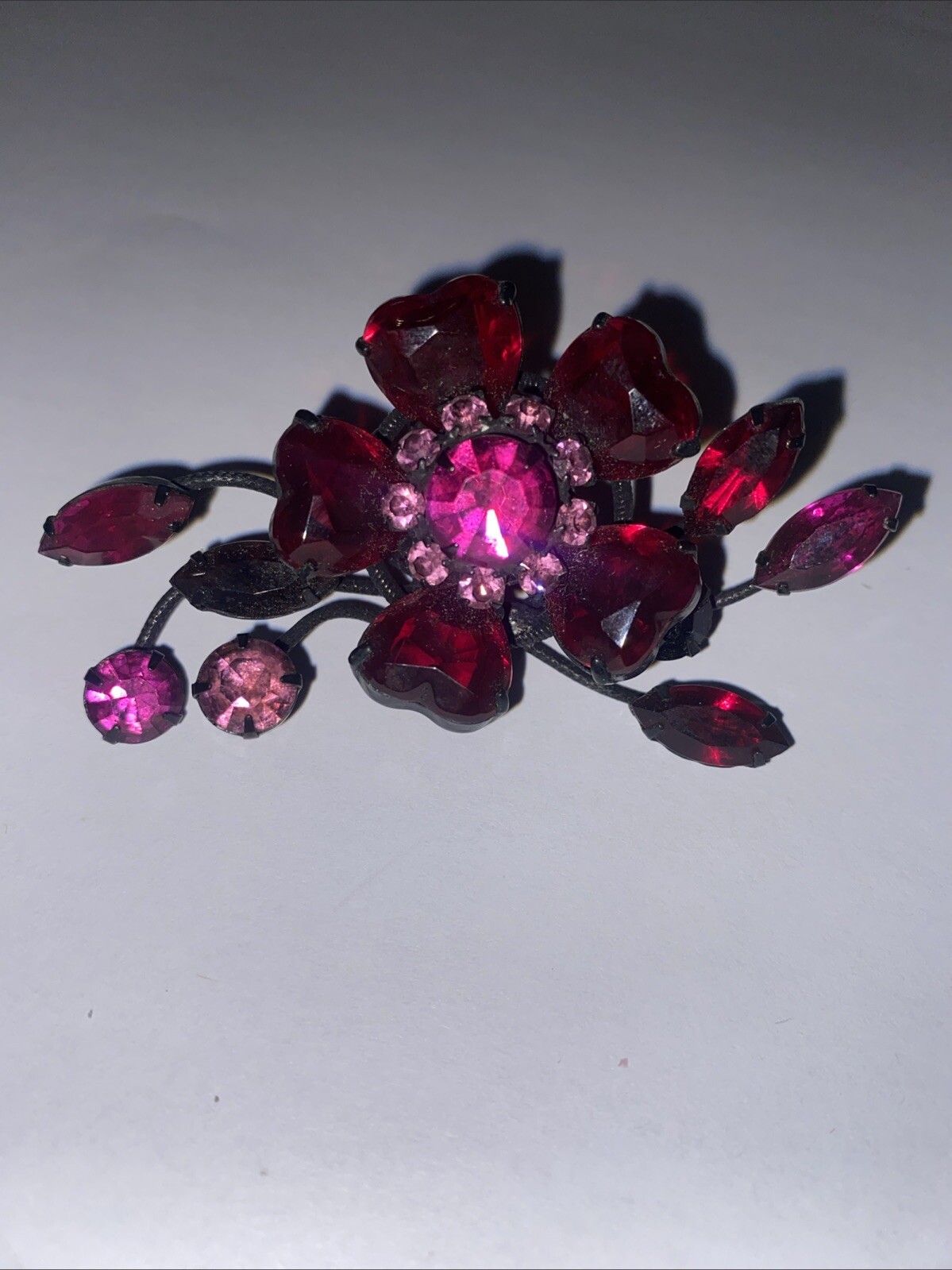 Vintage Unsigned SCHREINER Julian Pink & Fuchsia Flower Red Hearts Pin Brooch