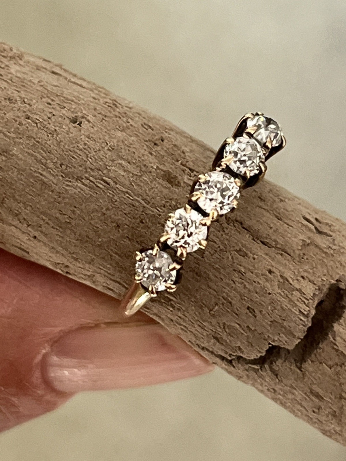 Gorgeous Petite Antique 14k Yellow Gold Ring ~ Five Old European Cut Diamonds